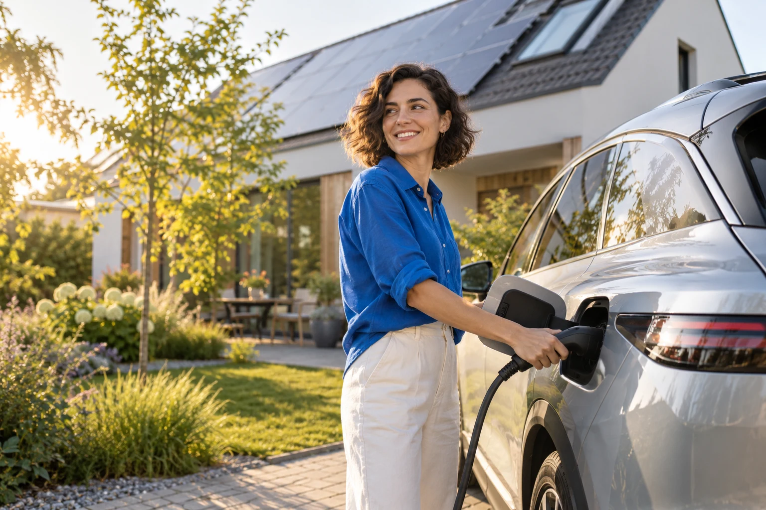 Eine Frau lädt ihr E-Auto vor ihrem Zuhause mit Solaranlage