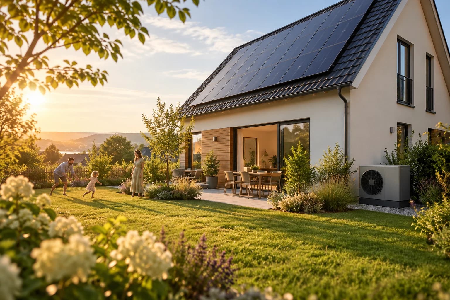 Familie im Garten eines Hauses mit Solar auf dem Dach und Wärmepumpe